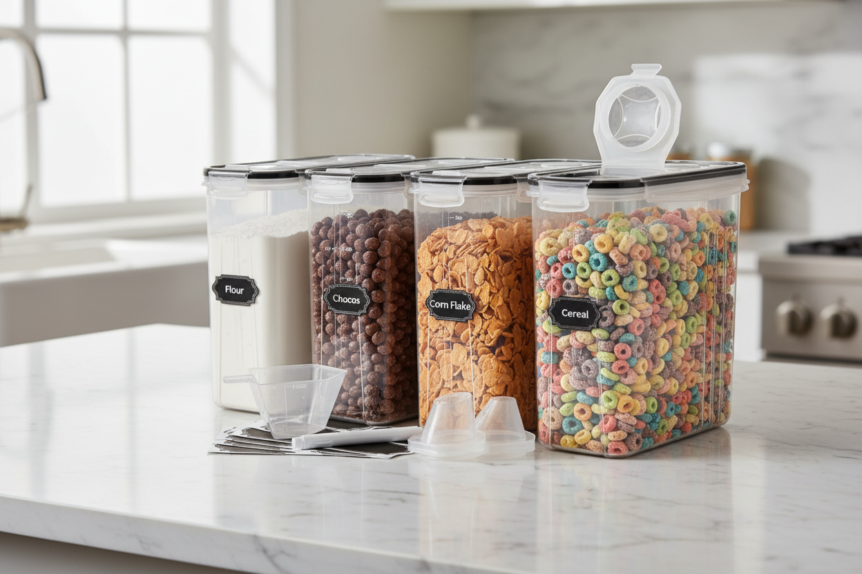 4-Piece Set: Airtight Cereal Storage Containers with Pour Spouts & Measuring Cup – 4L Kitchen Pantry Organizer