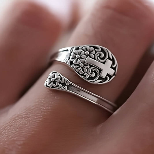 925 Sterling Silver Bohemian Faith Ring – Adjustable Vintage Cross