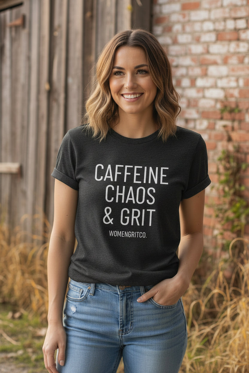 Caffeine, Chaos & Grit T-Shirt — WomenGritCo