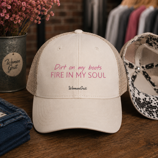 DIRT ON MY BOOTS-FIRE IN MY SOUL TRUCKER HAT