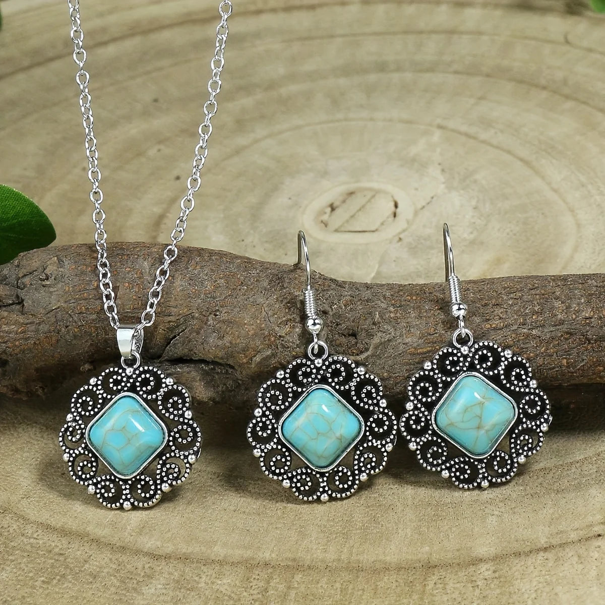 Simple 3pcs Jewelry Set Female Geometric Stone Inlay Accessor Charm Silvery Color Stud Earring For Women Classics Chain Necklace